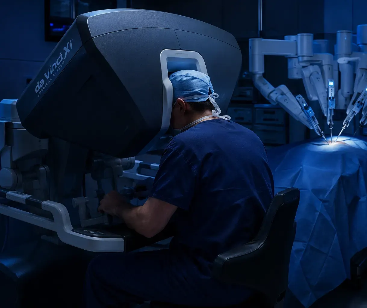 Side by side comparison of robotic console surgery and traditional laparoscopic bariatric surgery in a modern operating room